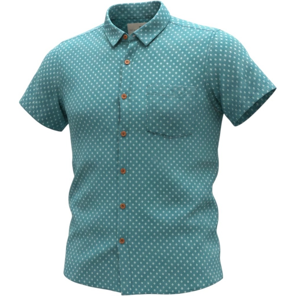 Bellfield Men Teal Blue Geometric Diamond Print Short Sleeve Button Down Shirt M